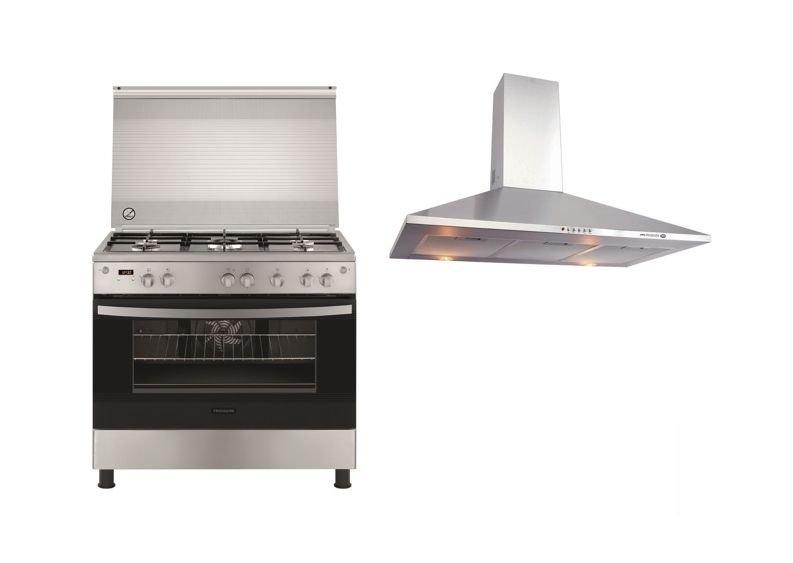 

Frigidaire 90x60 5-burner free-standing gas cooker + frigidaire 90cm chimney cooker hood