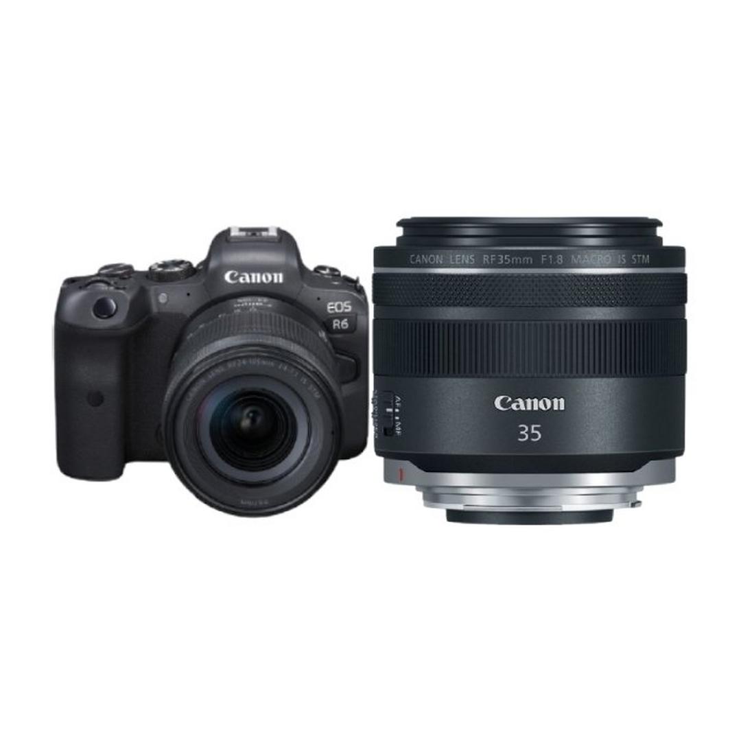 كاميرا كانون اي او اس ار 6 بدون مرآة + عدسة 24-105MM Lens + عدسة  آر إف 35 ملم f/1.8 ماكرو آي إس STM