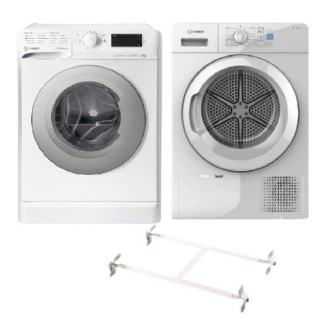 Indesit Front Load 8KG 1400 RPM Washer (MTWE 81483 WS GCC) + Indesit 8kg Condenser Dryer (YT CM08 8B GCC) - White +  Wansa Washer and Dryer Stacking Unit - Stainless Steel