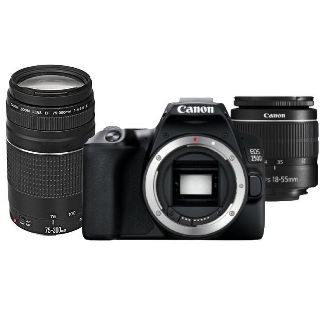 كاميرا كانون EOS 250D الرقمية + عدسة 18-55 ملم + عدسة 75-300 ملم  - أسود