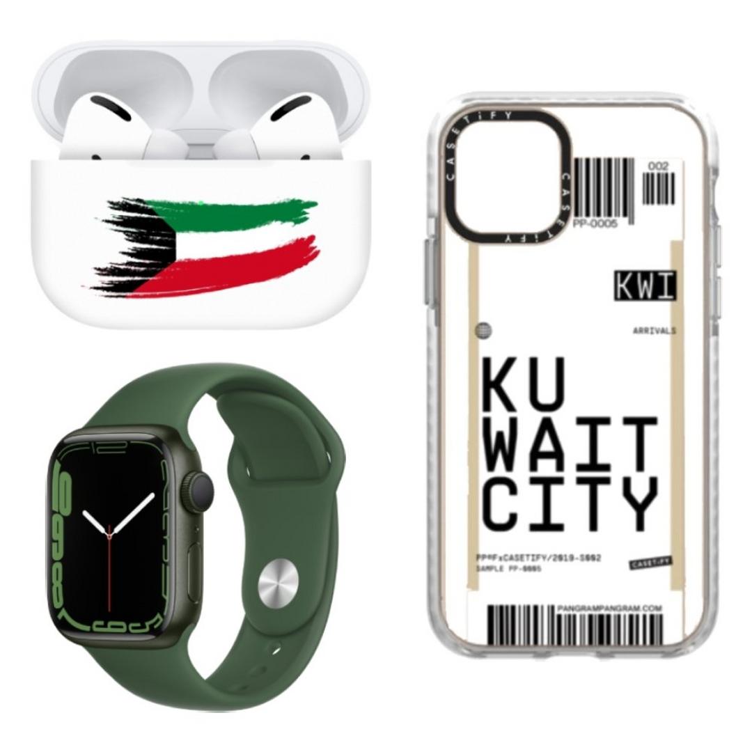 Switch Paint Apple Airpods Pro Q8 Flag - White Buds + Casetify Impact Case for iPhone 13 Pro - Kuwait City + Apple Watch Series 7 45mm - Clover
