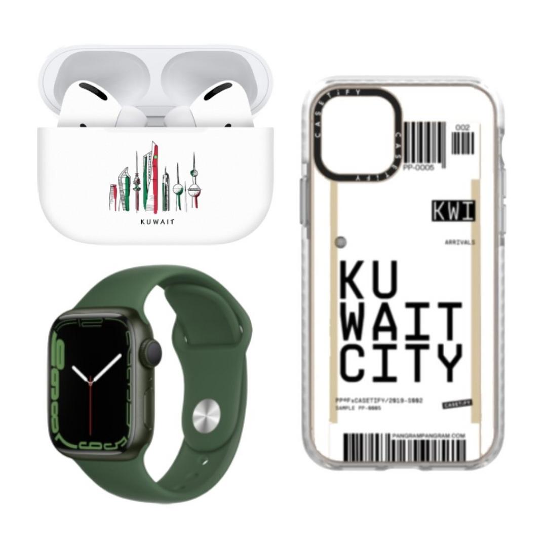 Switch Paint Apple Airpods Pro Q8 City - White Buds + Casetify Impact Case for iPhone 13 Pro Max - Kuwait City + Apple Watch Series 7 41mm - Clover
