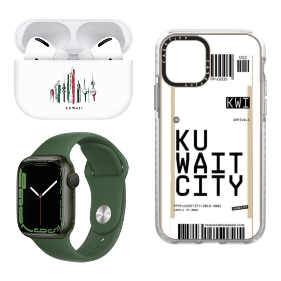 Switch Paint Apple Airpods Pro Q8 City - White Buds + Casetify Impact Case for iPhone 13 Pro - Kuwait City + Apple Watch Series 7 41mm - Clover