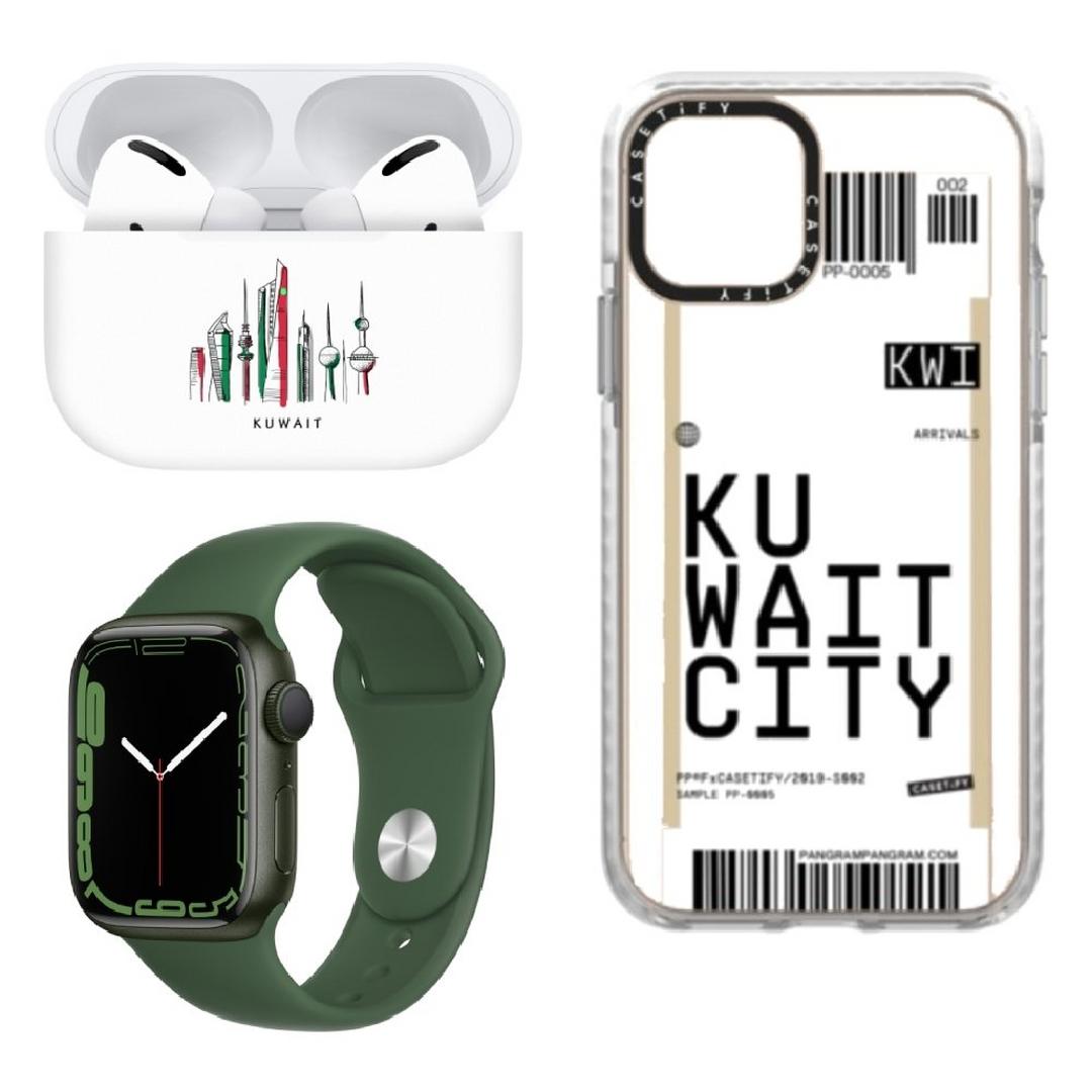 Switch Paint Apple Airpods Pro Q8 City - White Buds + Casetify Impact Case for iPhone 12 Pro Max - Kuwait City + Apple Watch Series 7 41mm - Clover