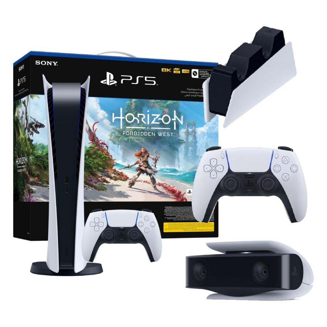 Sony PlayStation 5 Digital Edition Console + Horizon Forbidden West Voucher Bundle + DualSense Wireless Controller + DualSense Charging Station + HD Camera