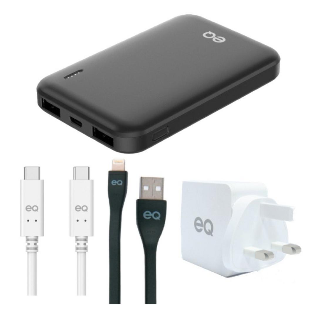 EQ 5000mAh Power Bank (EQ-PW276A) - Black + EQ PD 20W USB-C Wall Charger - White + EQ Gen 1 Type-C to C 2M Cable - White + EQ USB-A to Lightning Portable Cable
