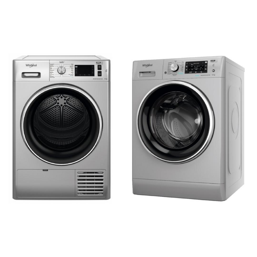 Whirlpool 9kg Condenser Dryer + 10kg Front Load Washing Machine Silver
