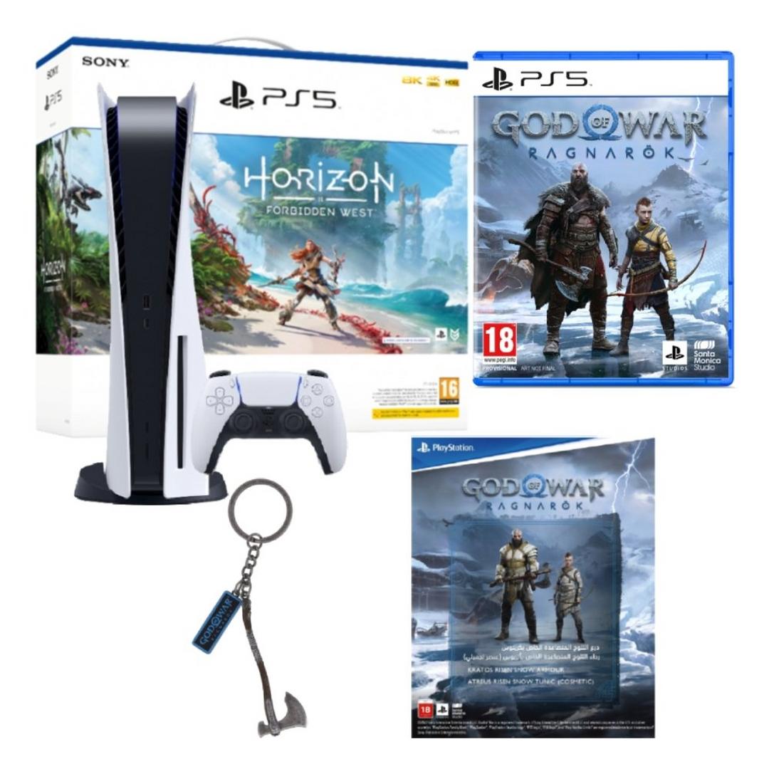 Sony PlayStation 5 Console + Horizon Forbidden West Voucher + God of War Ragnarök Standard Edition + 1 Keychain Leviathan Axe + DLC Voucher bonus content