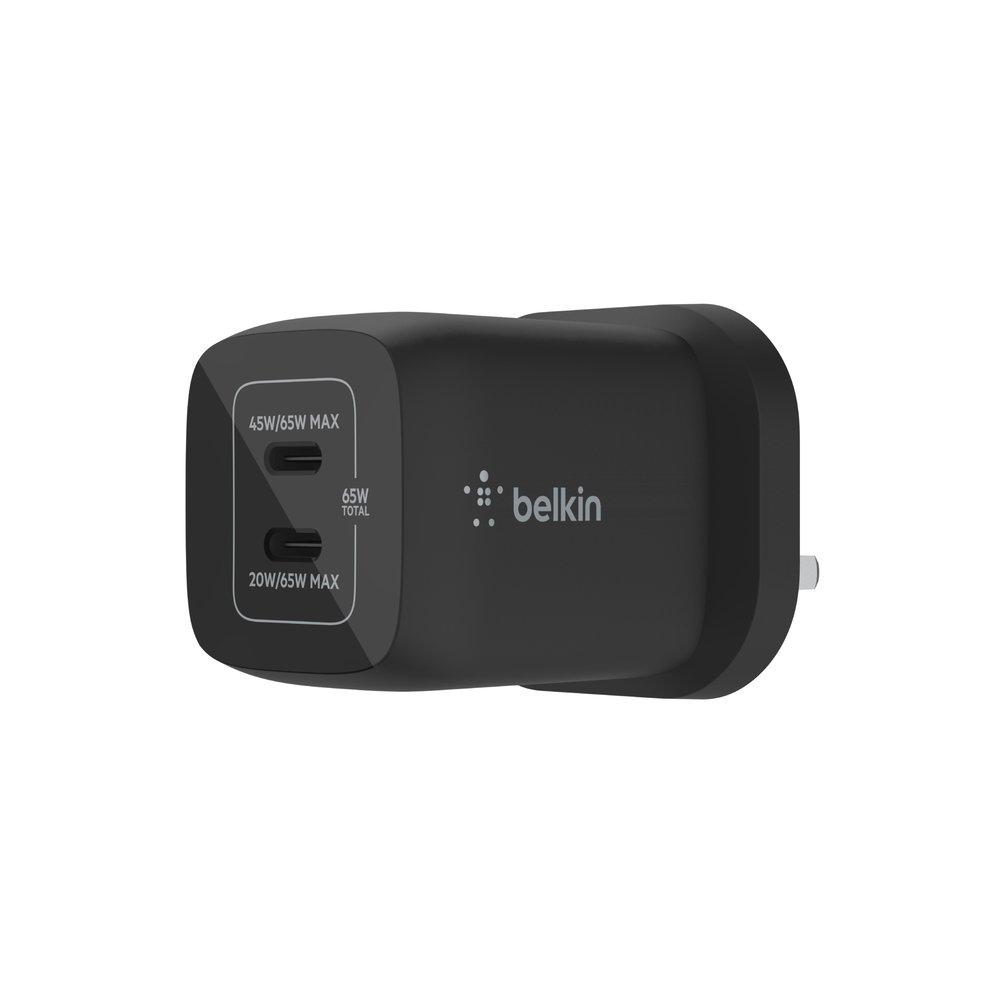 

Belkin dual usb-c gan wall charger, 65w, wch013mybk