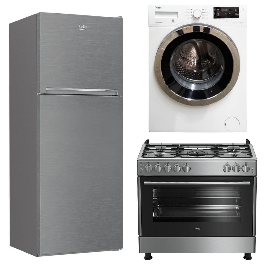BEKO Cooker Gas 90X60CM Stainless Steel + Top Mount Refrigerator, 19.5CFT + 9KG Front Load Washer White