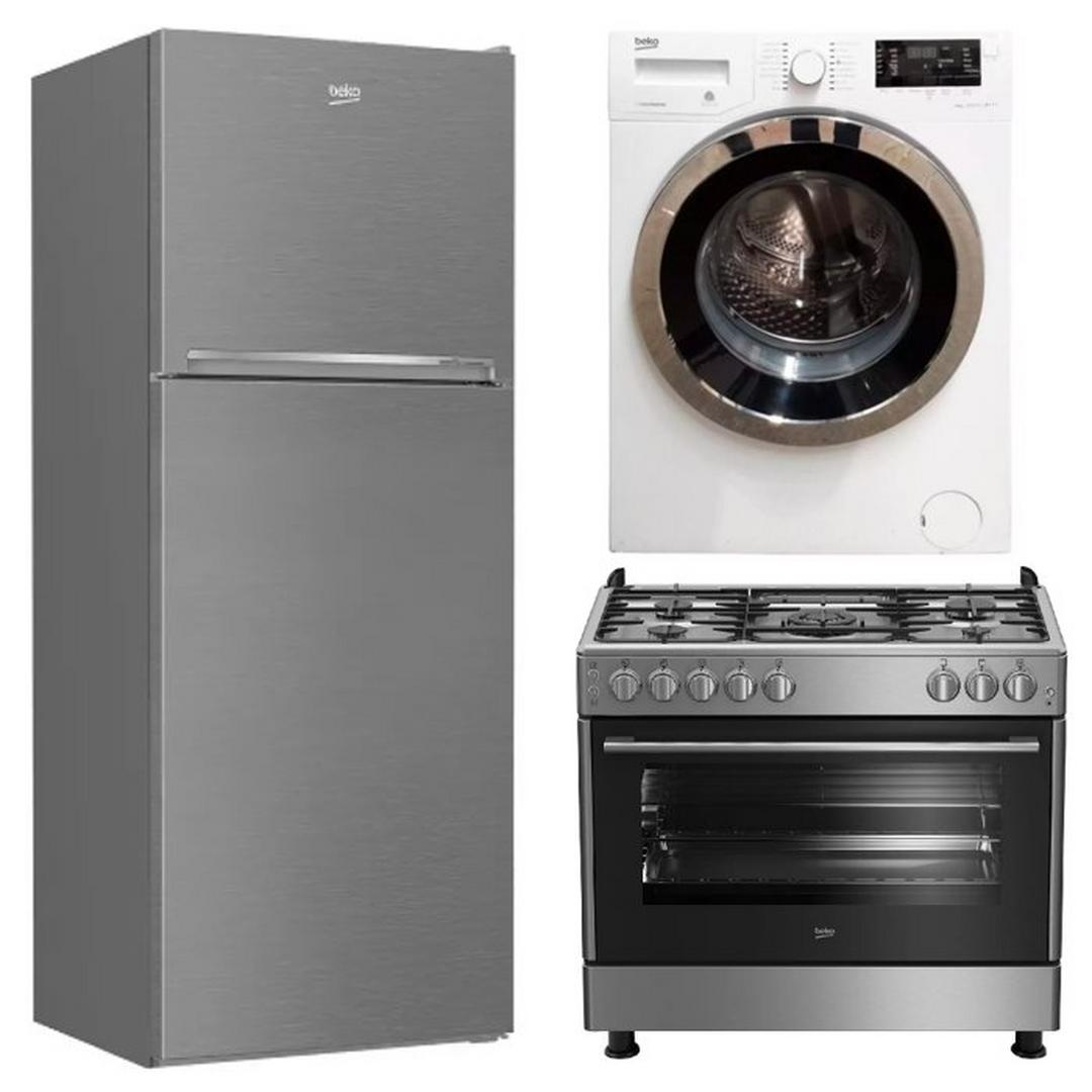 BEKO Cooker Gas 90X60CM Stainless Steel + Top Mount Refrigerator, 19.5CFT + 9KG Front Load Washer White