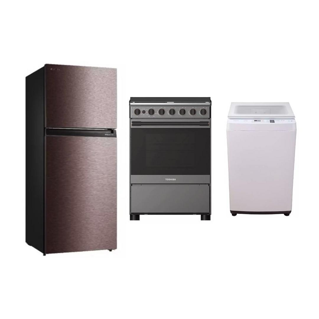 TOSHIBA Refrigerator Top Freezer, , 19.7CFT, Grey + Cooker Gas, 70 Liters, Stainless Steel + Top Load Washer, 8 KG, White Bundle, RT559WE+J9000+24BM