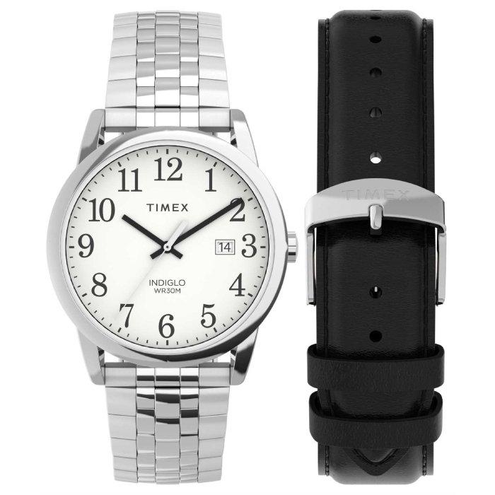 

Timex easy reader watch for men, analog, 38mm, stainless steel strap + extra leather st...