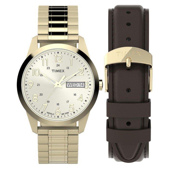 

Timex watch gift set for men, analog, 36mm, stainless steel strap + extra leather strap...