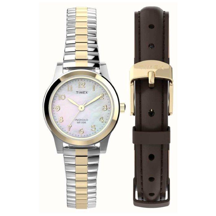 

Timex watch gift set for women, analog, 25mm, stainless steel strap + extra leather str...