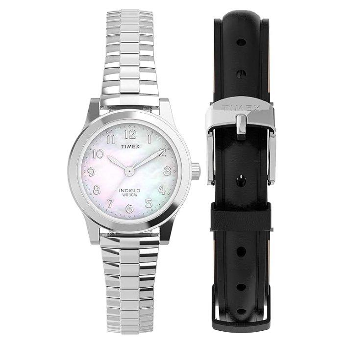 

Timex watch gift set for women, analog, 25mm, stainless steel strap + extra leather str...