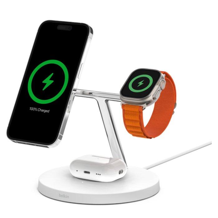 

Belkin 3-in-1 wireless charger with magsafe charging, 15w, wiz017mywh - white