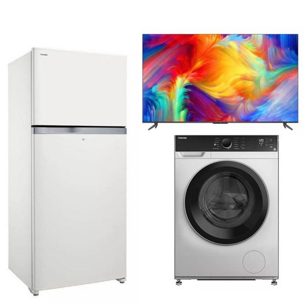Toshiba Top Mount Refrigerator + Washer 12 kg & Dryer 8Kg + TCL 65-inch LED UHD Google TV