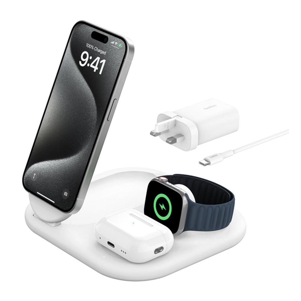 

Belkin 3-in-1 magnetic foldable wireless charger with qi2, 15w, wiz029mywh - white