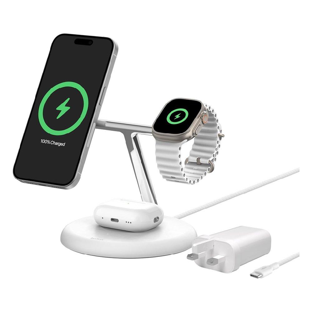 

Belkin 3-in-1 wireless charging stand with magsafe qi2, 15w, wiz023mywh – white