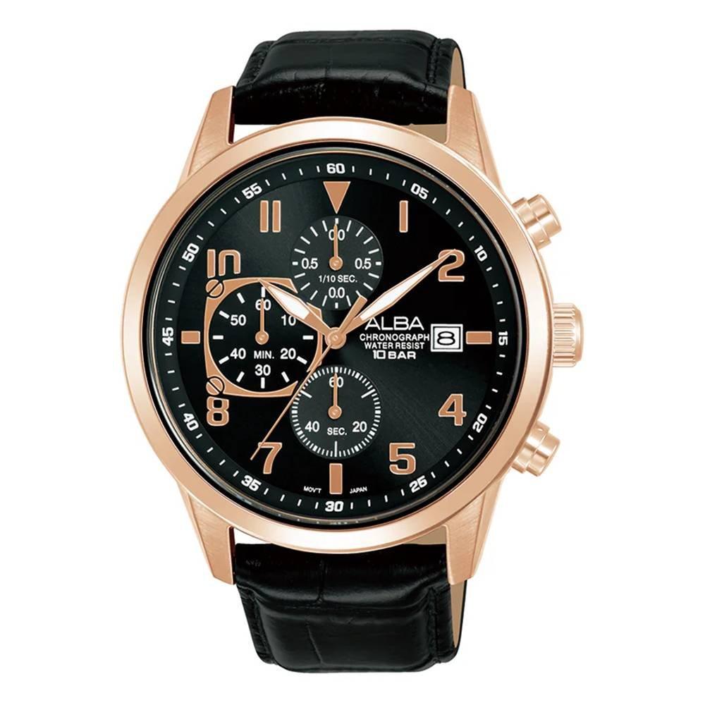 

Alba mechanical watch for men, chrono, 44mm, leather strap, am3a14x1 – black