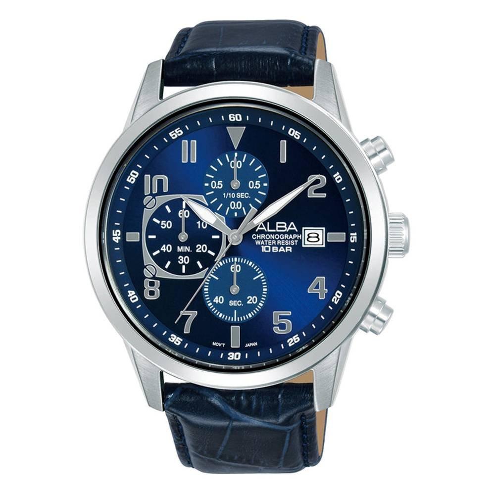 

Alba mechanical watch for men, chrono, 44mm, leather strap, am3a15x1 – blue