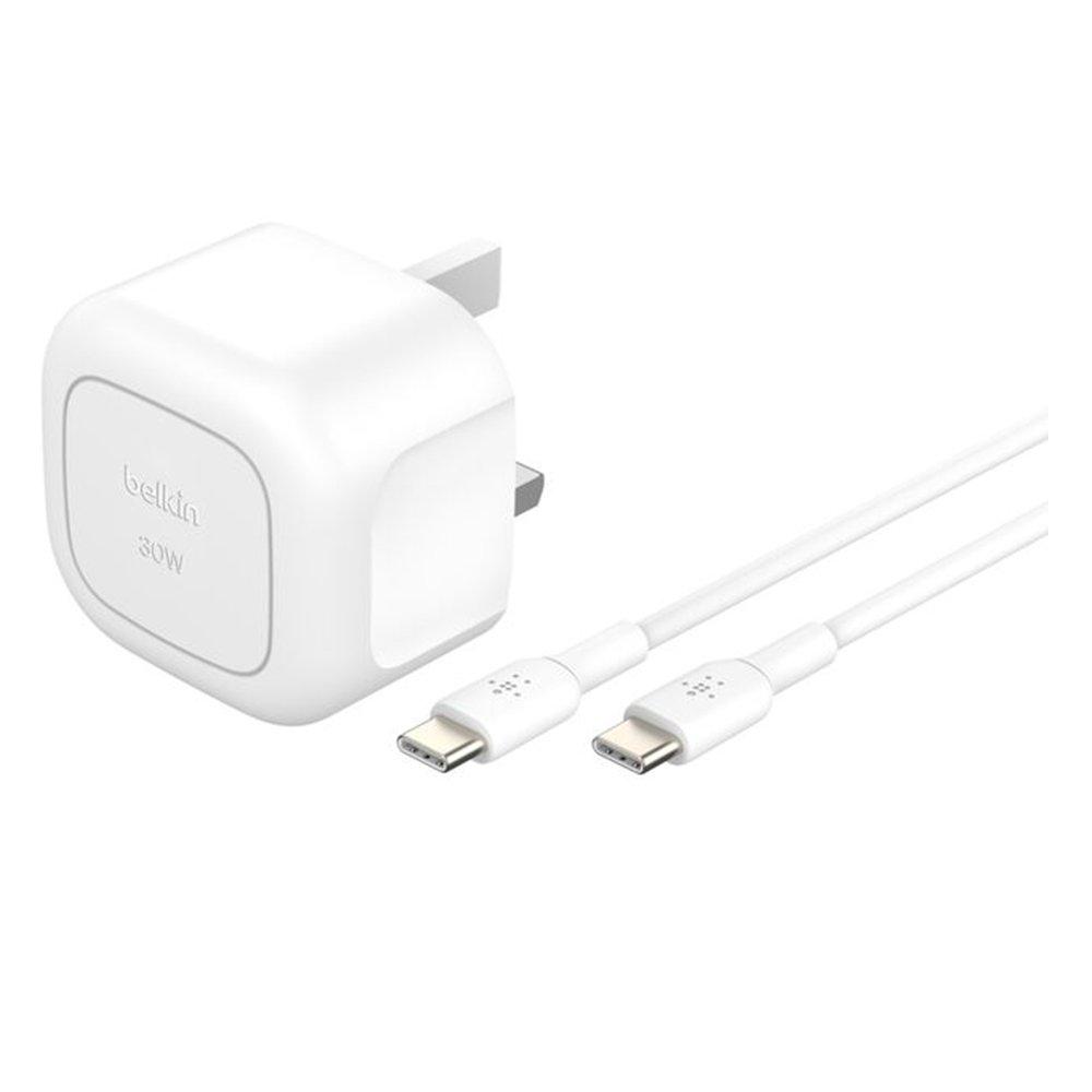 

Belkin 30w usb-c foldable charger with 1m cable, wca008my1mwh-b6 - white