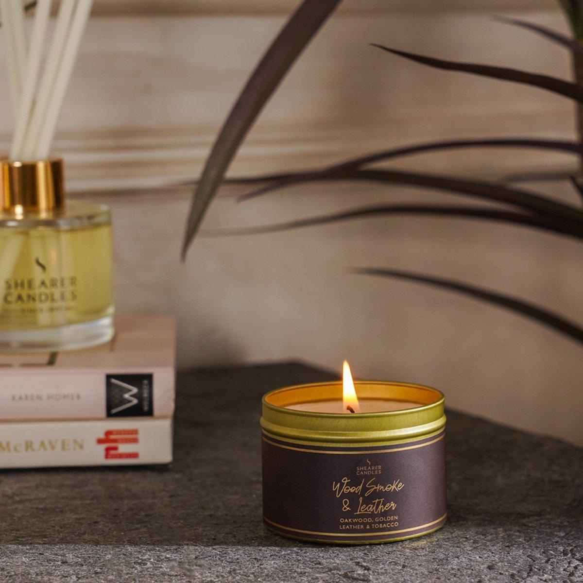 

Silver tin wood smoke & leather candle