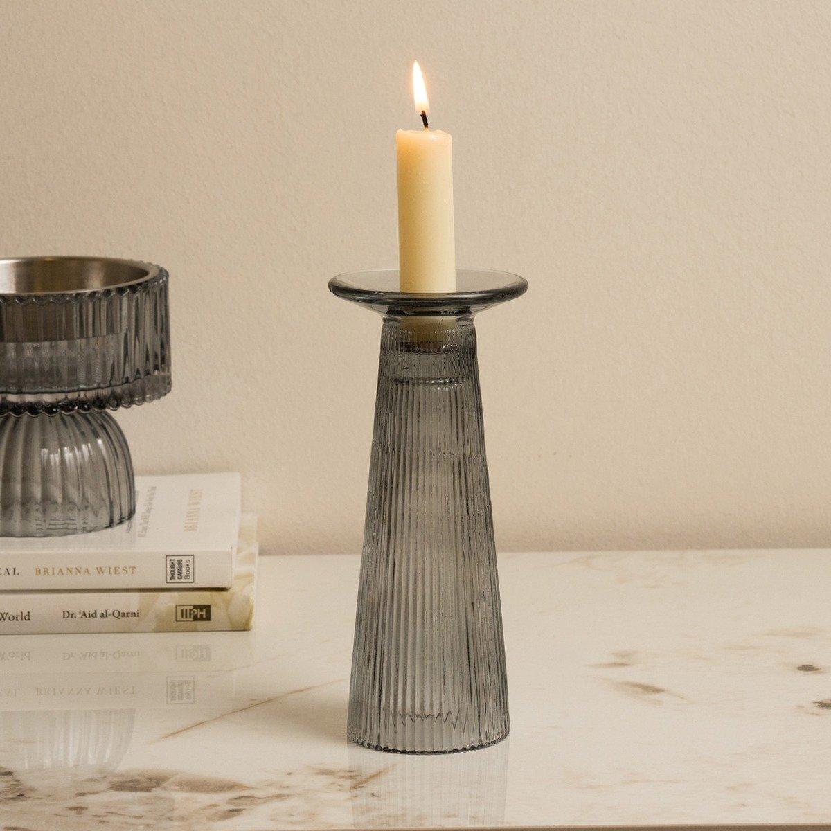

Pillar glass candle holder grey 7x7x16. 5 cm