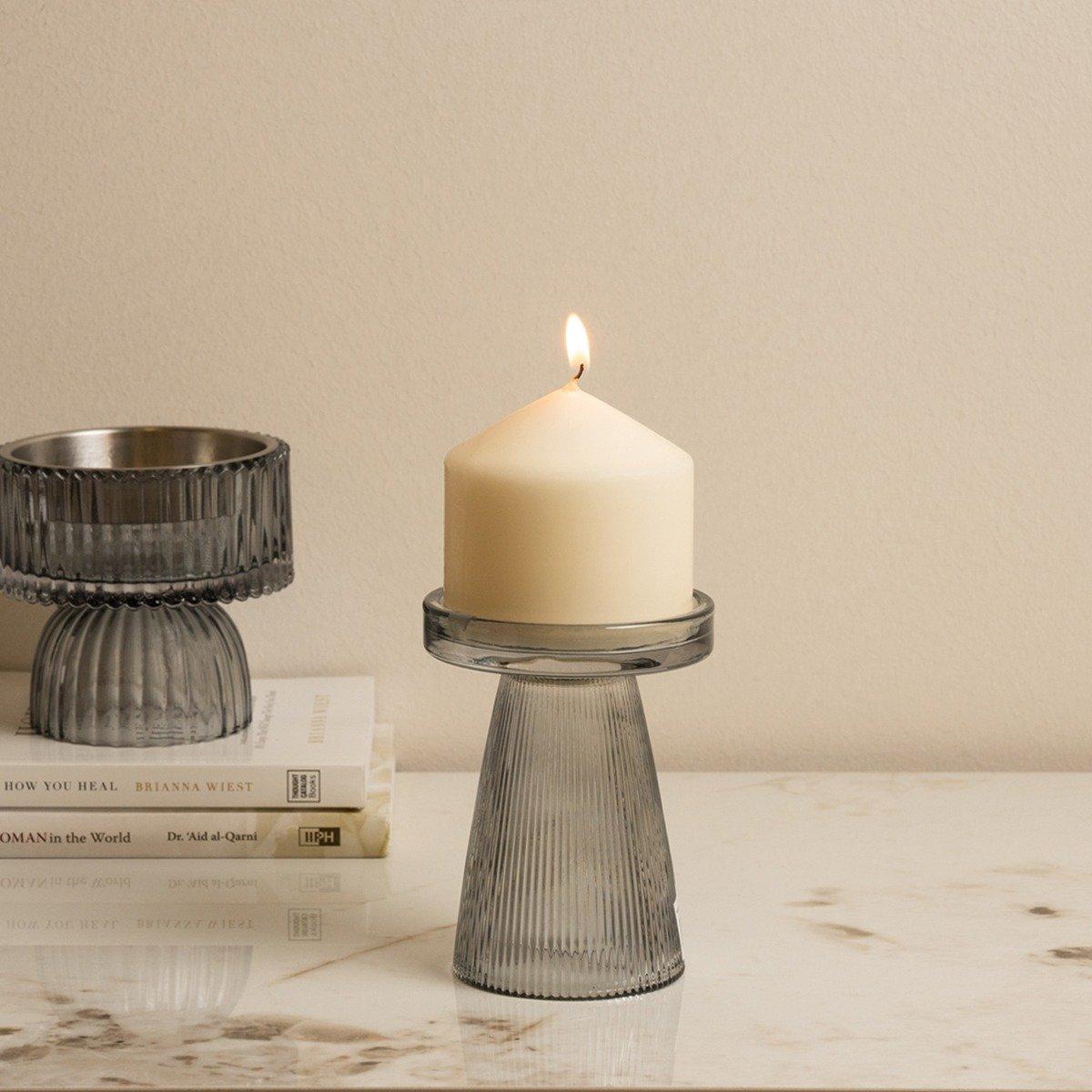 

Pillar glass candle holder grey 9x9x12 cm