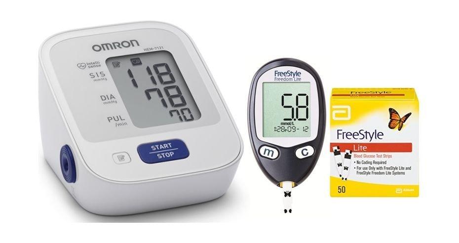 

Omron blood pressure monitor hem-7121 + strips + glucose monitor