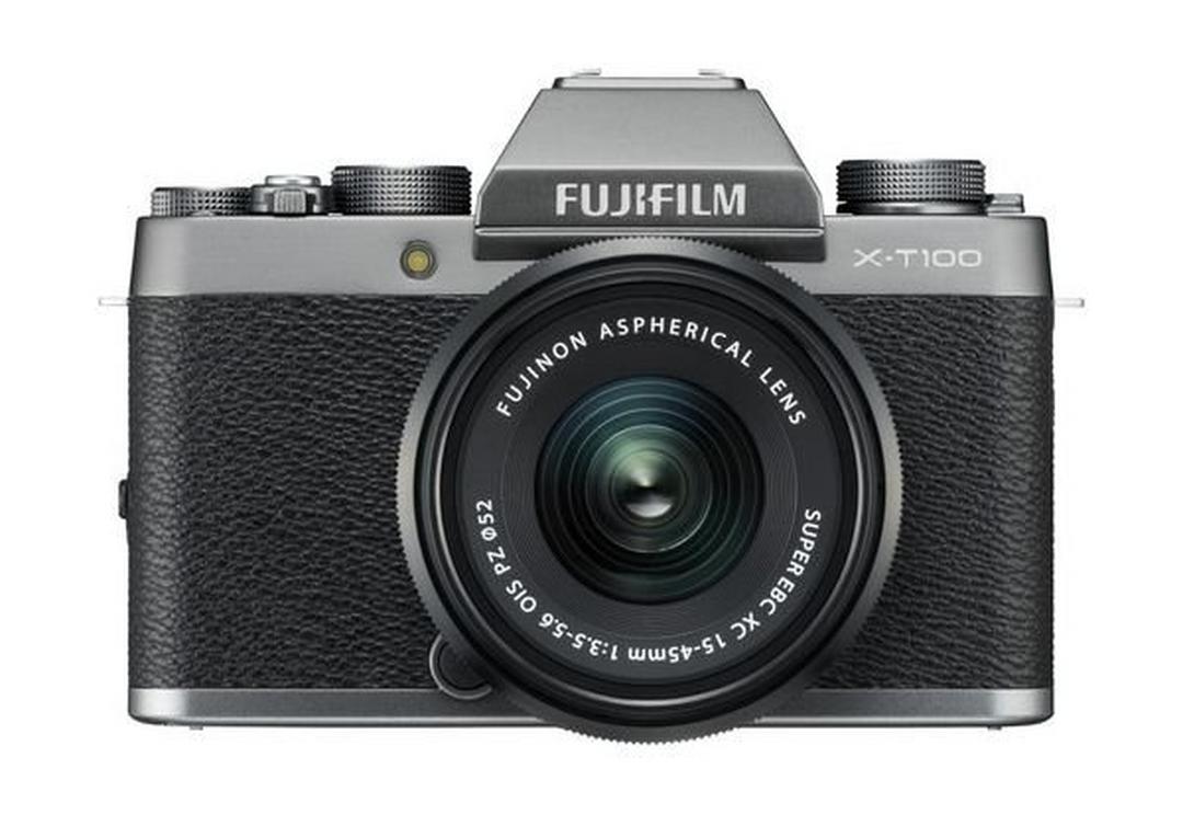 كاميرا فوجي فيلم الرقمية إكس - تي١٠٠ بدون مرآة مع عدسة تقريب إكس سي ١٥ - ٤٥ ملم - فضي
