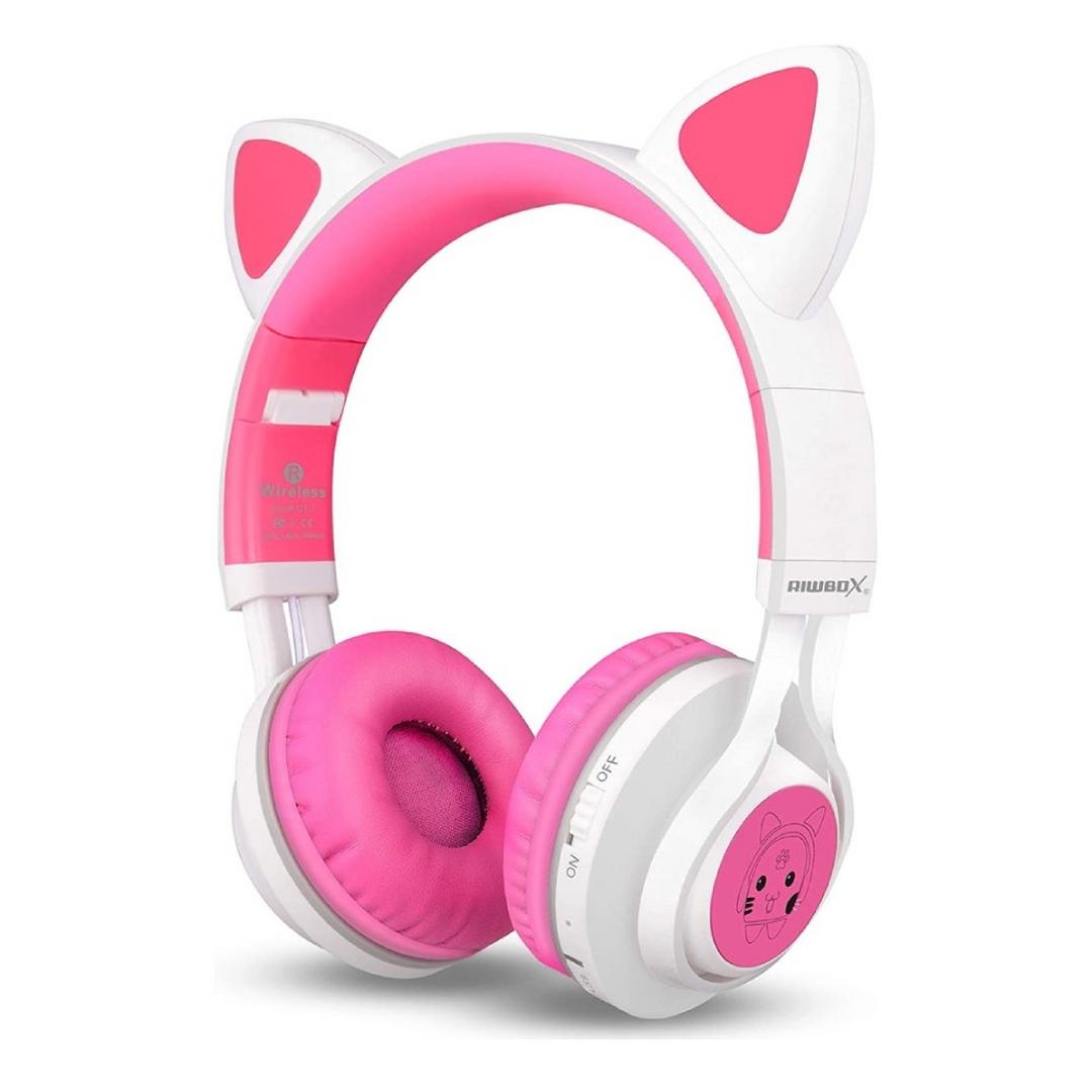 Riwbox Cat Ears Kids Bluetooth Headphones - Pink/White