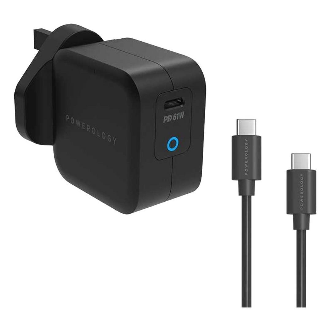Powerology Ultra-Compact 61W GaN Charger + 2m USB-C to USB-C Cable - Black