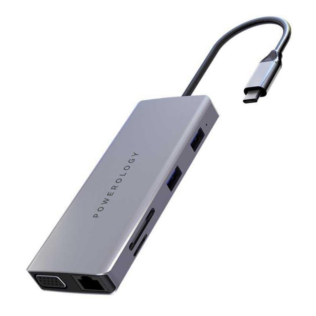 Powerology 11 in 1 USB-C Hub with VGA / Ethernet / HDMI - Grey