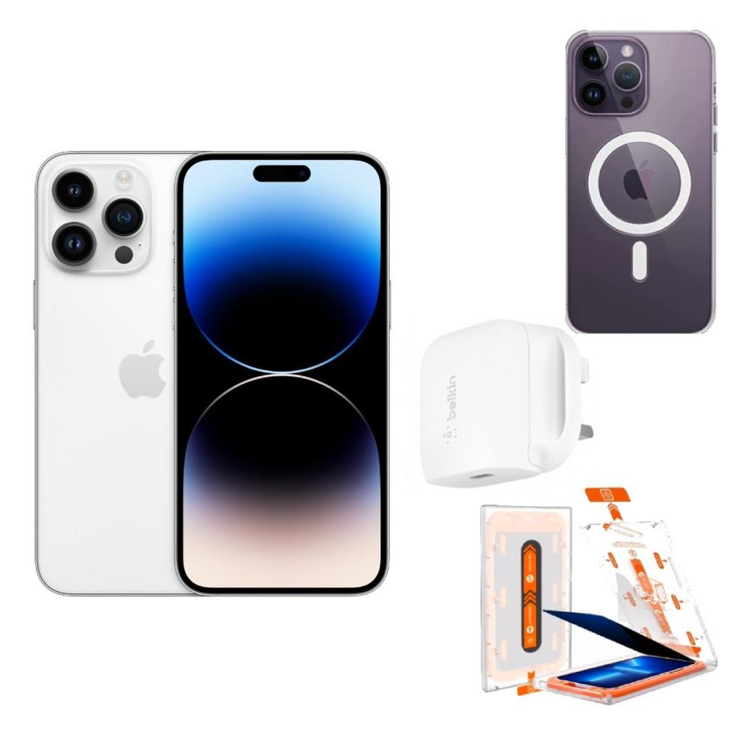 Apple iPhone 14 Pro Max 5G 128GB - Silver + EQ Screen Protector & Applicator - Clear + EQ Air Shock Case+ Belkin 20W USB-C Wall Charger - White