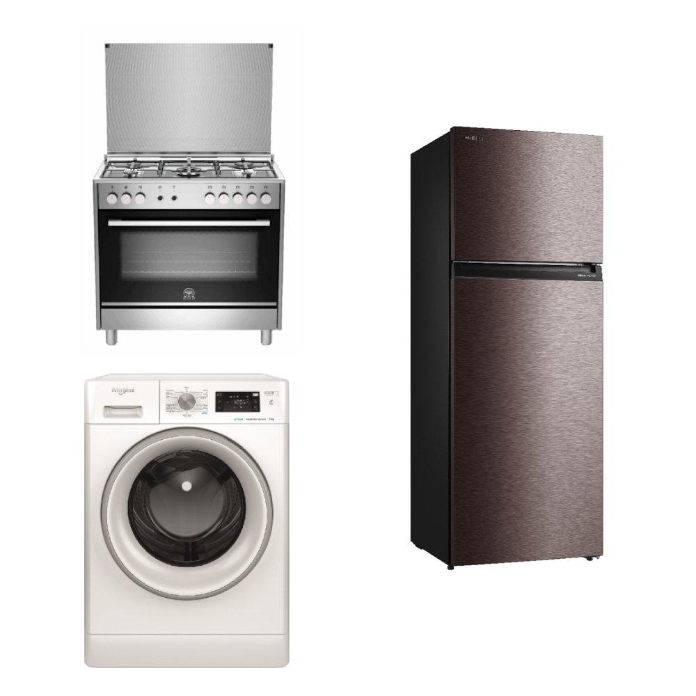 

Lagermania gas cooker + toshiba top freezer refrigerator + whirlpool washing machine