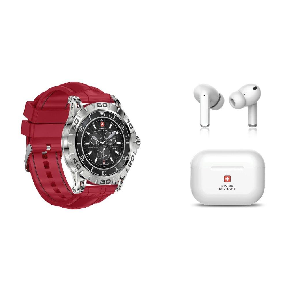 

Swiss military dom2 smart watch, metal silver body, silicon strap - red + swiss militar...