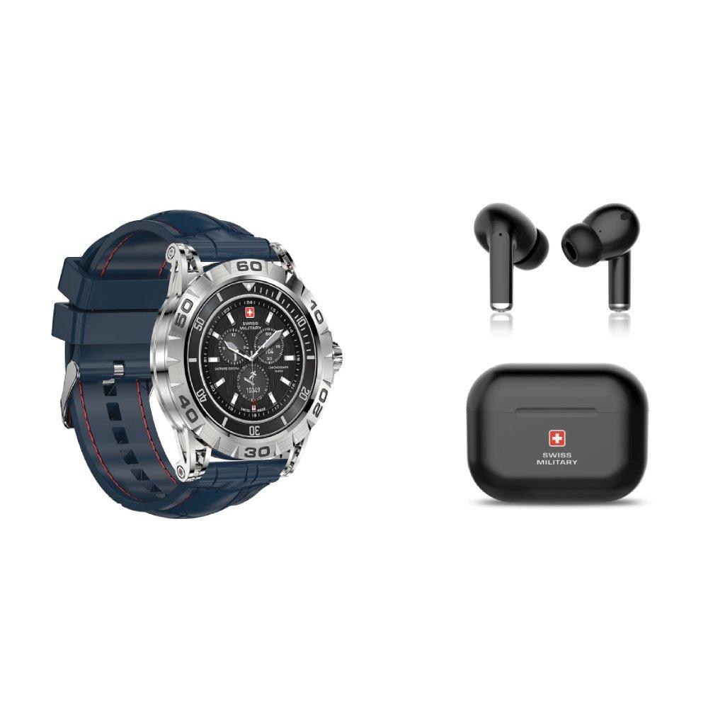 

Swiss military dom2 smart watch, metal silver frame, silicon blue strap + swiss militar...