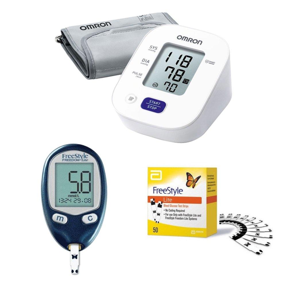

Omron blood pressure monitor + abbott glucose monitor + 50 strips - hem-7143-e