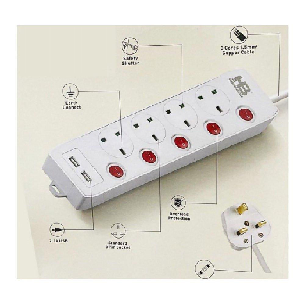 

Rtc socket 4 way, 5 switch, 2usb, 3 meter, 13a, 49-5-su134usb