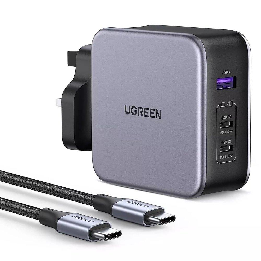

Ugreen gan fast wall charger with usb-c cable, 140w, 3 ports, uk plug, cd289 - gray