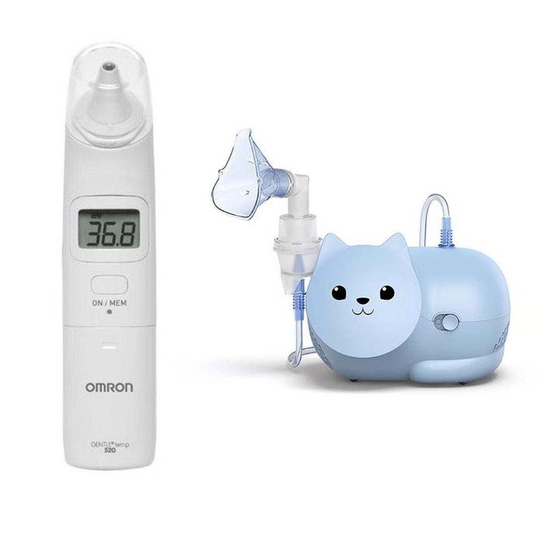Omron GentleTemp 520 Ear Thermometer + Nami Cat Baby Nebulizer Bundle - NE-C303K+MC-520 – Blue/White