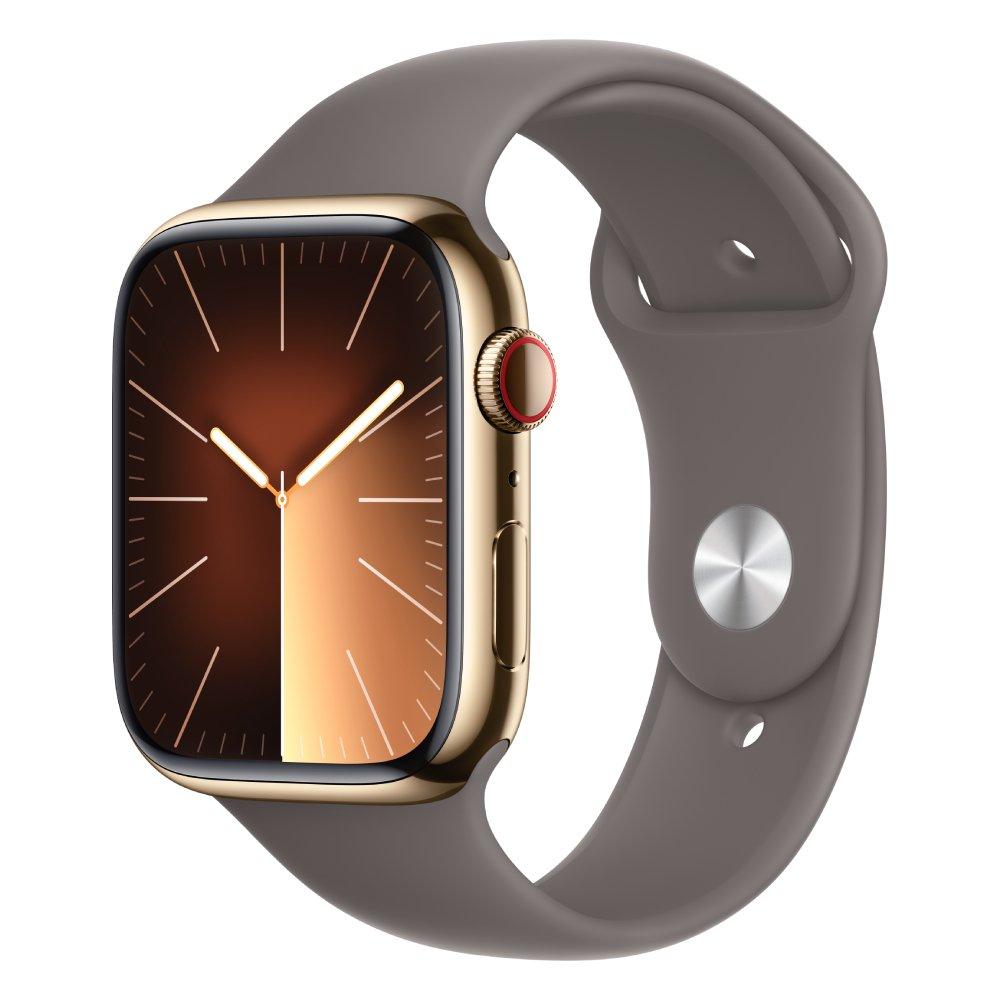 

Apple watch series 9 gps + cellular 45mm gold stainless steel case with clay sport band...