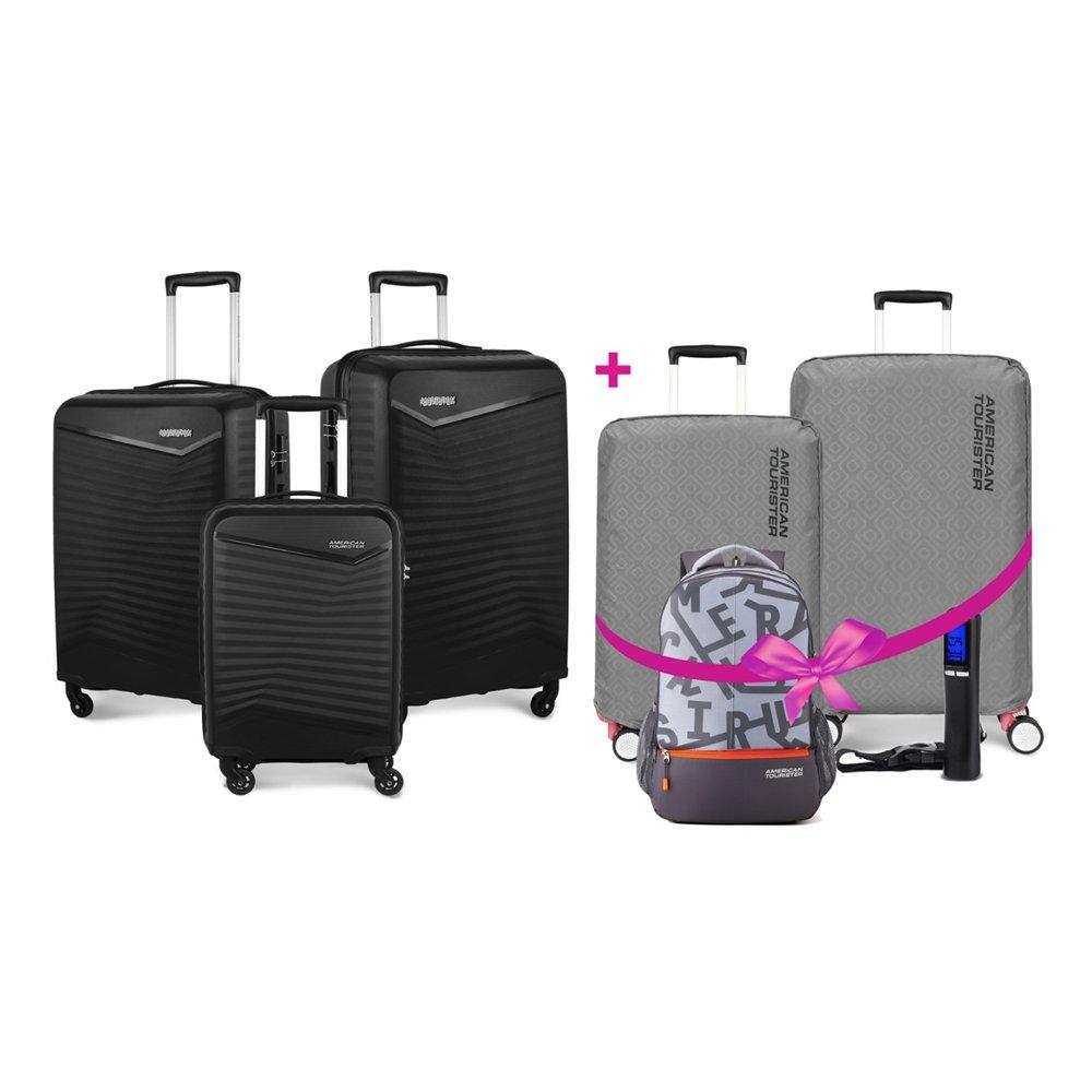 

American tourister phoenix set of 7, (3 pieces luggage + 2 luggage cover + 1 backpack +...