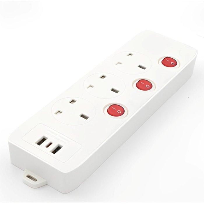 

Rtc 3 way socket, 3 switches, 3m, 3 usb ports, 49-5-su133usb-c – white