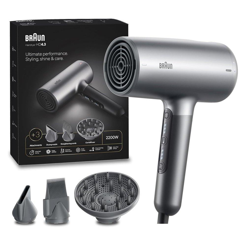 

Braun hair dryer, 2200 w, 3 heat settings, brhd435sde- grey