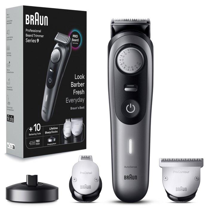 

Braun men's pro beard trimmer 9, 10 barbering tools, 180 mins runtime, bt9420 - grey