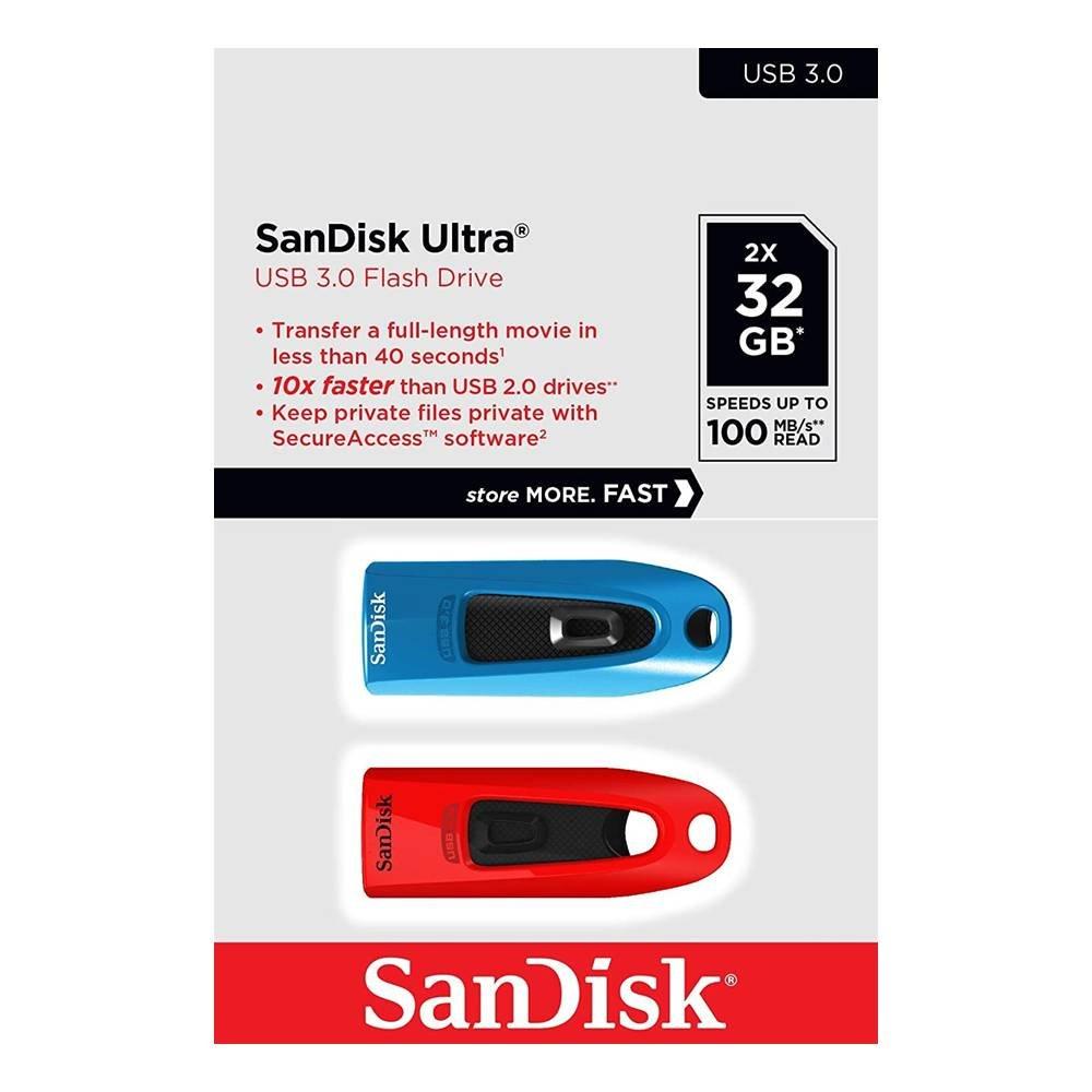 

Sandisk ultra usb 3. 0 flash drive, 32gb, 2-pack, sdcz48-032g-g462 - blue/red