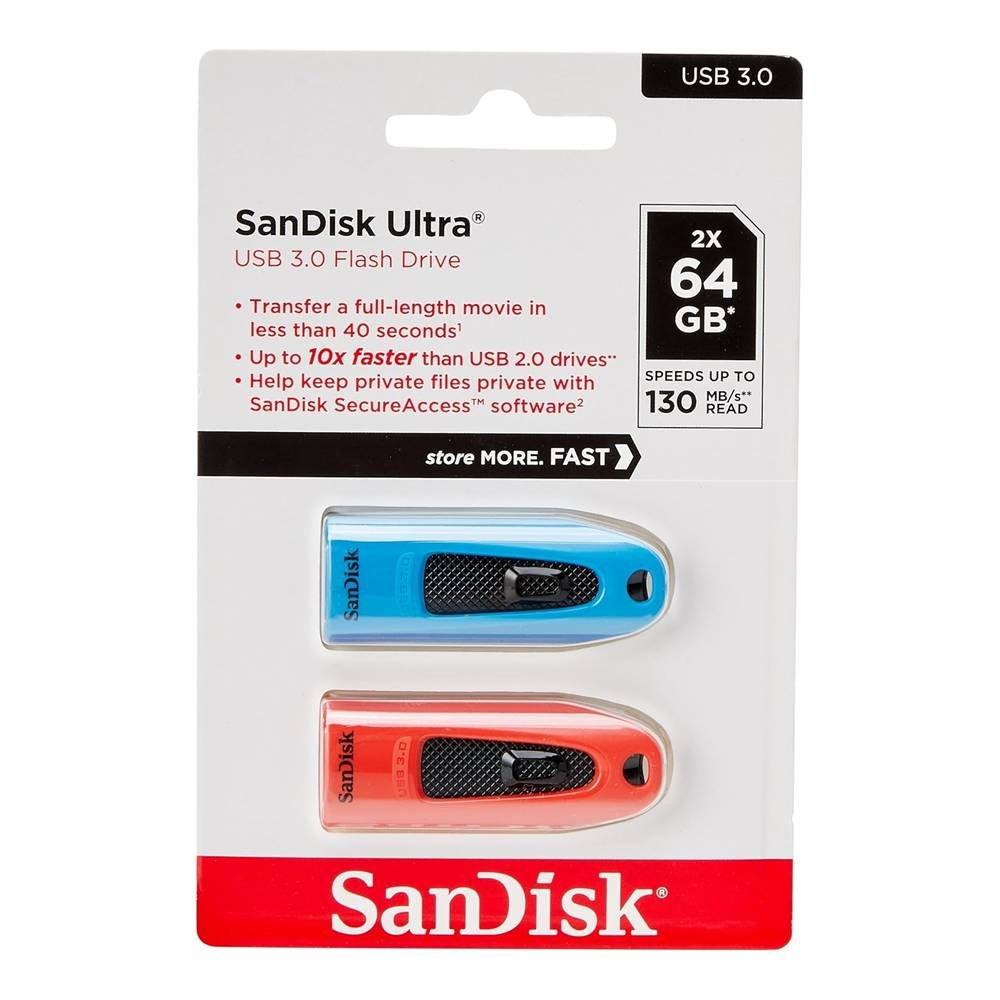 

Sandisk ultra usb 3. 0 flash drive, 64gb, 2-pack, sdcz48-064g-g46br2 - blue/red